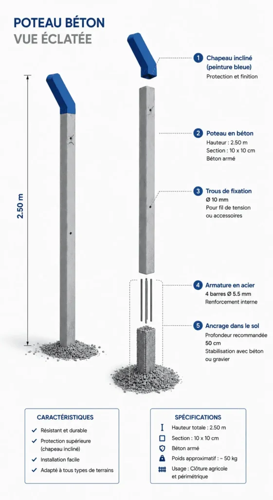 Vue éclatée d'un poteau béton armé 2,50 m à chapeau incliné bavolet avec détails d'armature et ancrage.