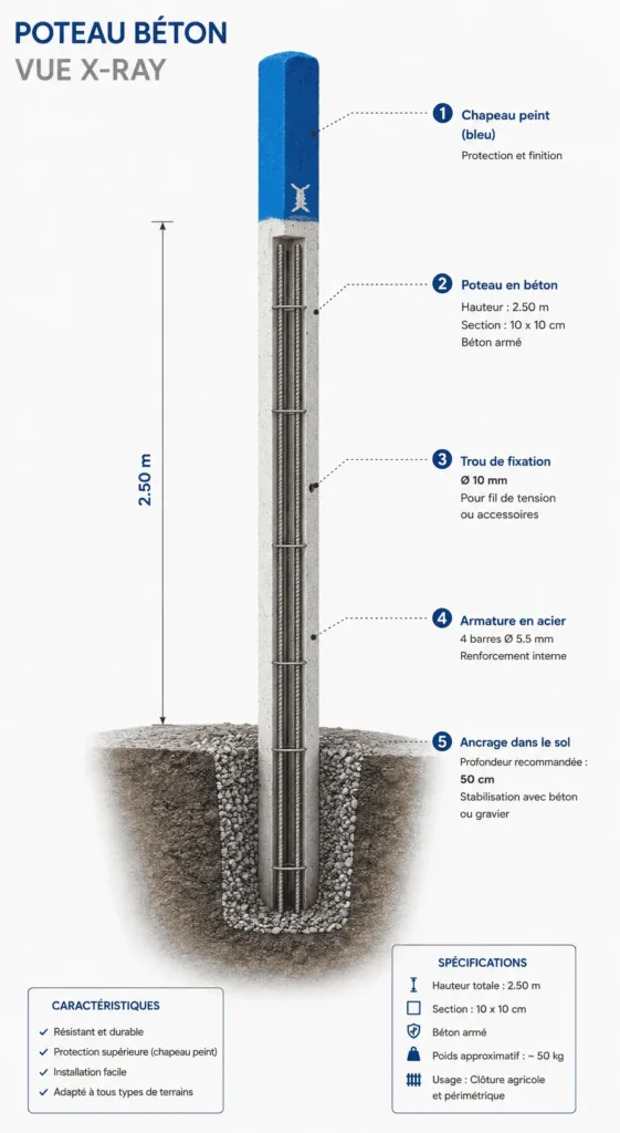 Vue X-Ray d'un poteau béton armé 2,50 m montrant l'armature en acier interne et l'ancrage dans le sol.