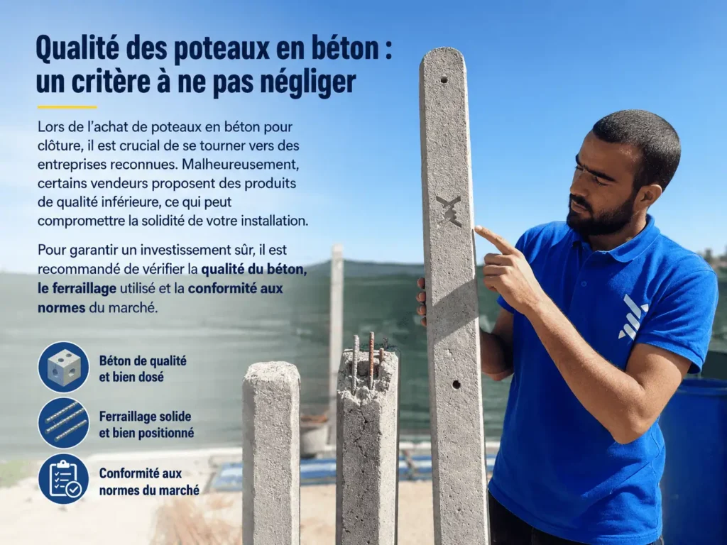 Inspection de la qualité d'un poteau en béton armé pour clôture agricole au Maroc.