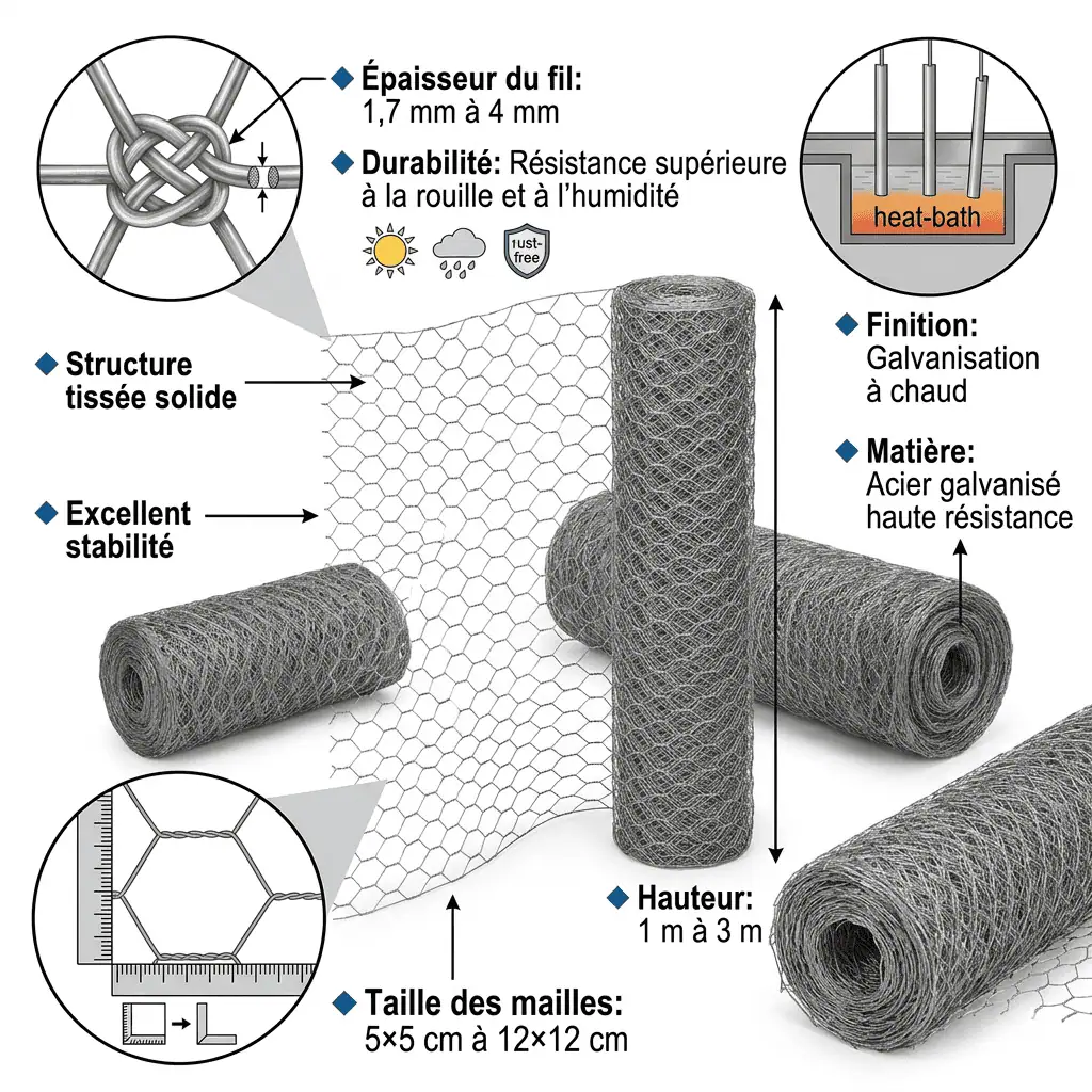 Fiche technique de rouleaux de grillage tissé en acier galvanisé à chaud pour clôture de terrain agricole.