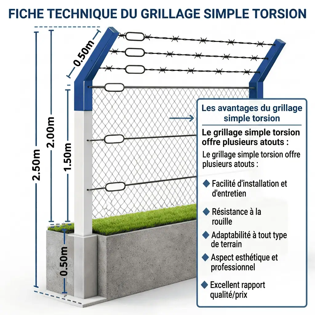 Fiche technique d'un grillage simple torsion pour clôture de terrain agricole avec dimensions et avantages.