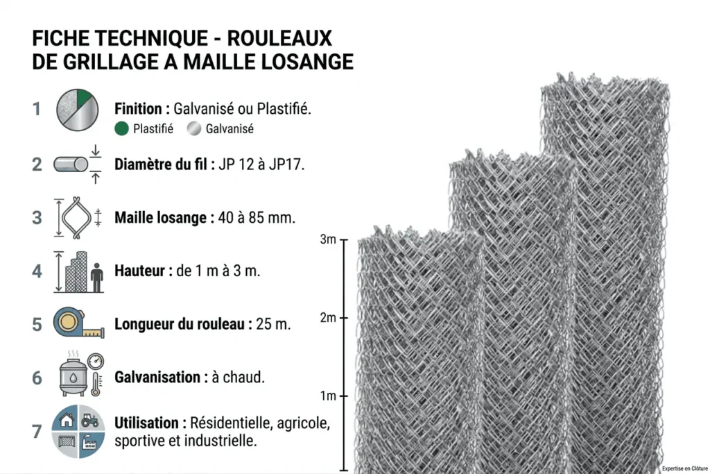 Fiche technique de rouleaux de grillage à maille losange pour la clôture de terrain agricole et résidentiel.