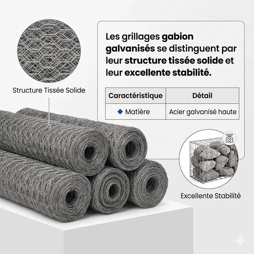 Rouleaux de grillage gabion galvanisé avec structure tissée solide pour clôture et aménagement de terrain agricole.