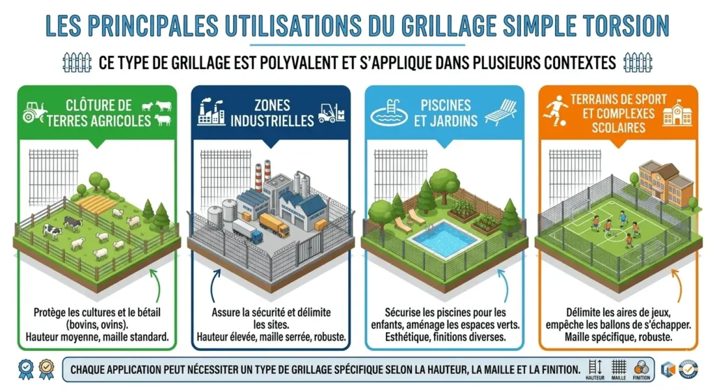 Infographie montrant les utilisations du grillage simple torsion pour la clôture de terres agricoles, zones industrielles et jardins.