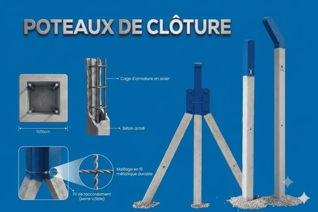 Poteaux de clôture agricole en béton armé 10x10 cm avec cage d'armature en acier et maillage métallique.