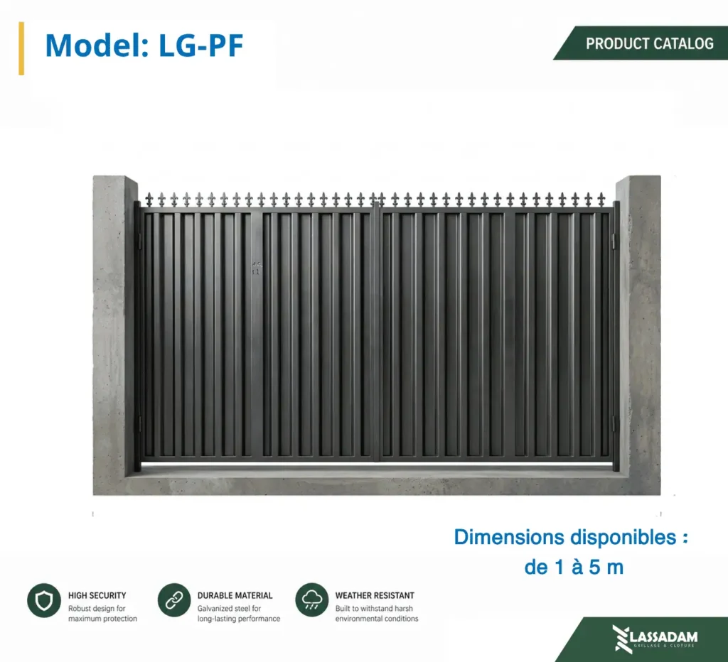 Portail agricole en tôle pleine et acier galvanisé noir avec piques fleur de lys Modèle LG-PF
