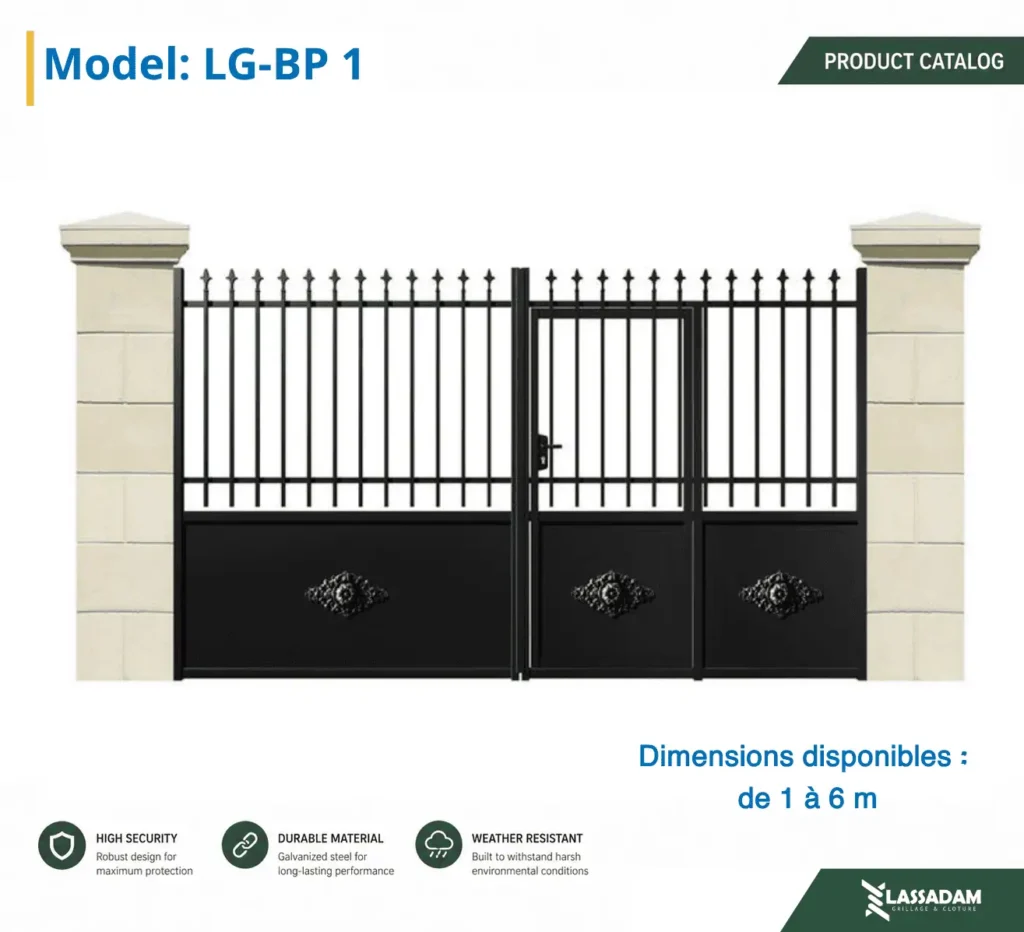 Portail agricole barroté en acier galvanisé noir avec portillon intégré Modèle LG-BP 1
