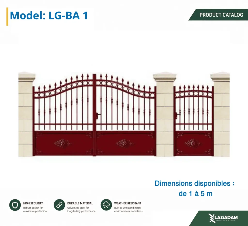 Portail agricole barroté en acier galvanisé rouge bordeaux en chapeau de gendarme avec portillon séparé Modèle LG-BA
