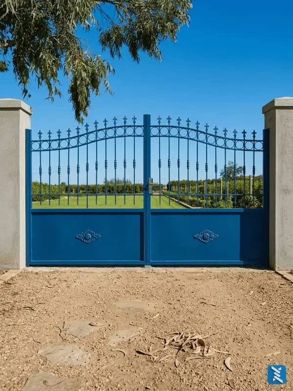 Portail métallique battant de couleur bleue installé à l'entrée d'une ferme ou propriété agricole au Maroc.