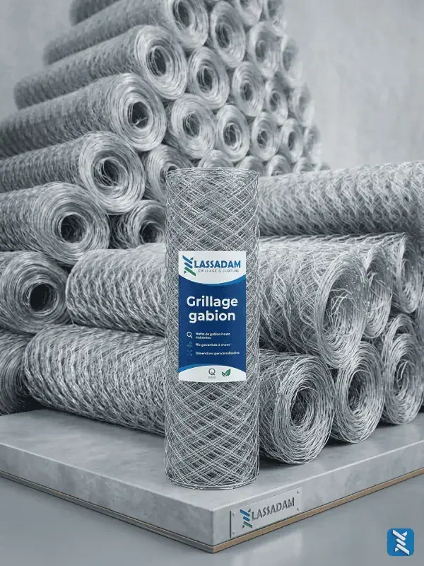 Rouleaux de grillage pour gabion galvanisé destinés aux travaux d'aménagement et de soutènement agricole au Maroc.