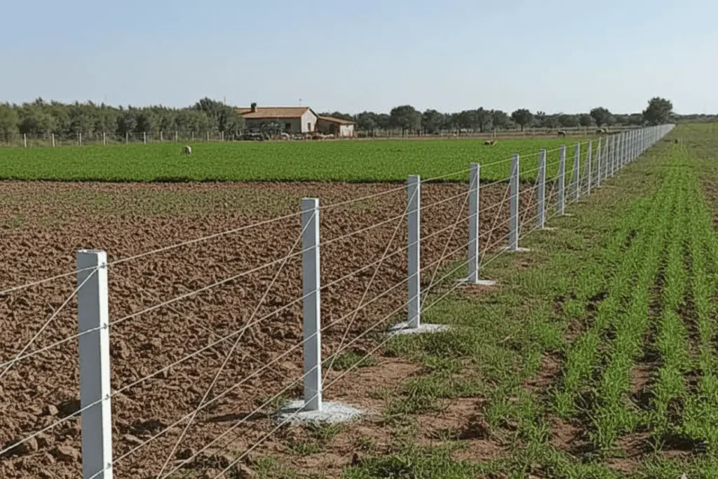 Clôture agricole linéaire réalisée avec des poteaux en béton et plusieurs rangs de fil de tension galvanisé pour délimiter une ferme au Maroc.