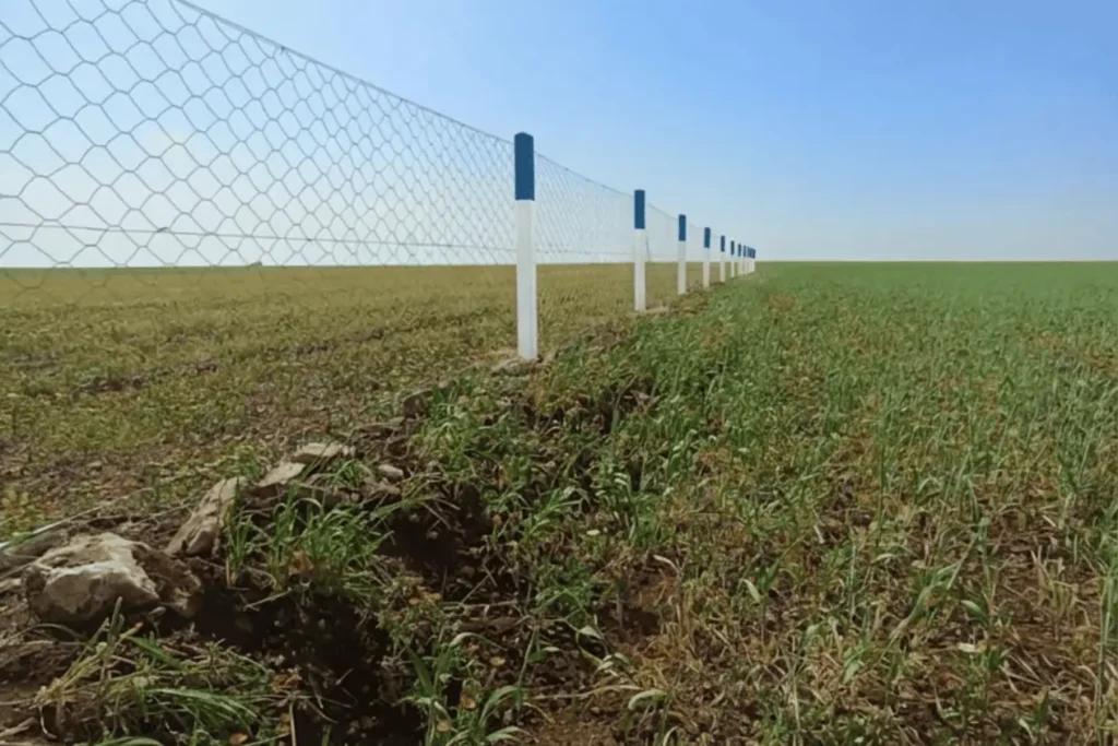 Clôture en grillage simple torsion installée avec des poteaux en béton pour délimiter un grand terrain agricole au Maroc.
