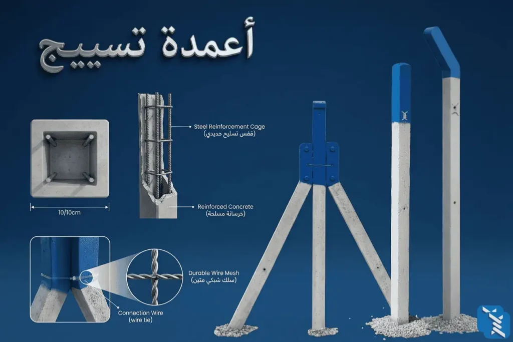 Poteaux en béton armé vibré de haute qualité pour la fixation de grillage agricole au Maroc.