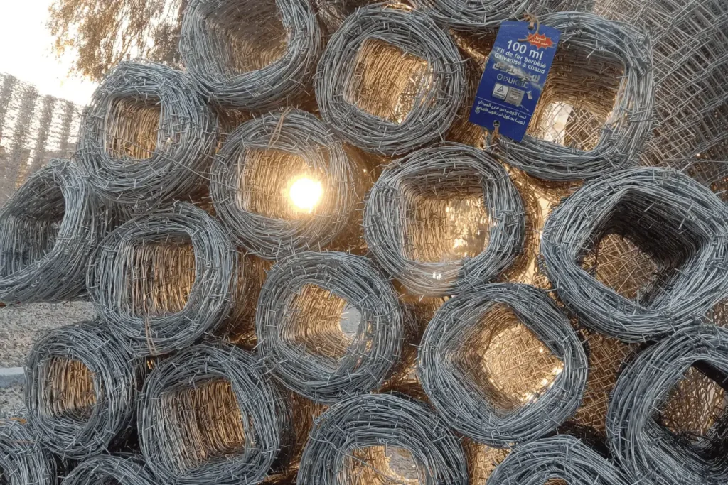 Rouleaux de fil de fer barbelé galvanisé à chaud pour renforcer la sécurité des clôtures agricoles au Maroc.