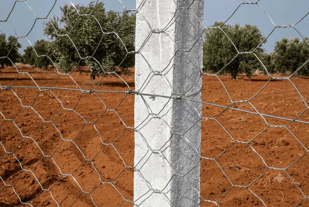 Gros plan sur la fixation d'un grillage triple torsion sur un poteau en béton pour la clôture d'un terrain agricole.