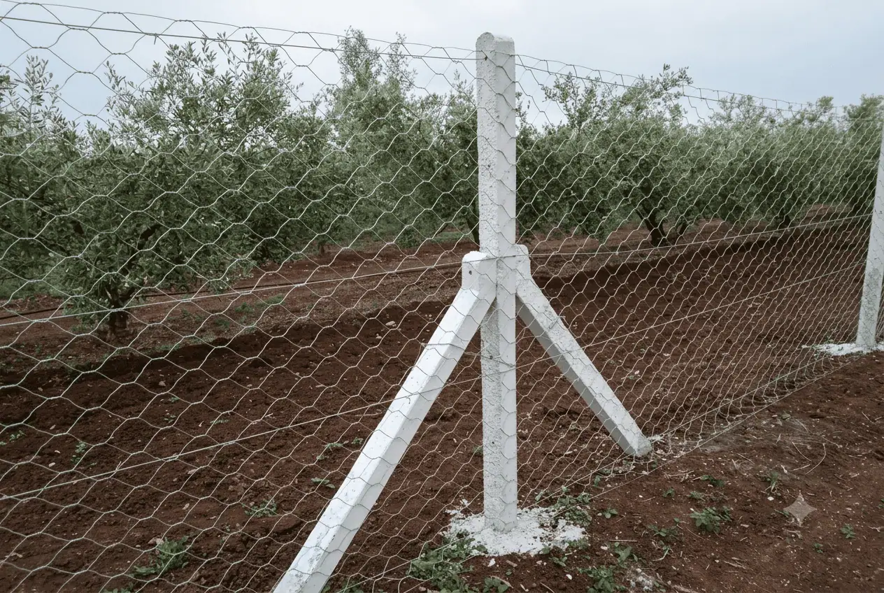 Installation de clôture en grillage tissé avec poteaux en béton et jambes de force dans un terrain agricole.